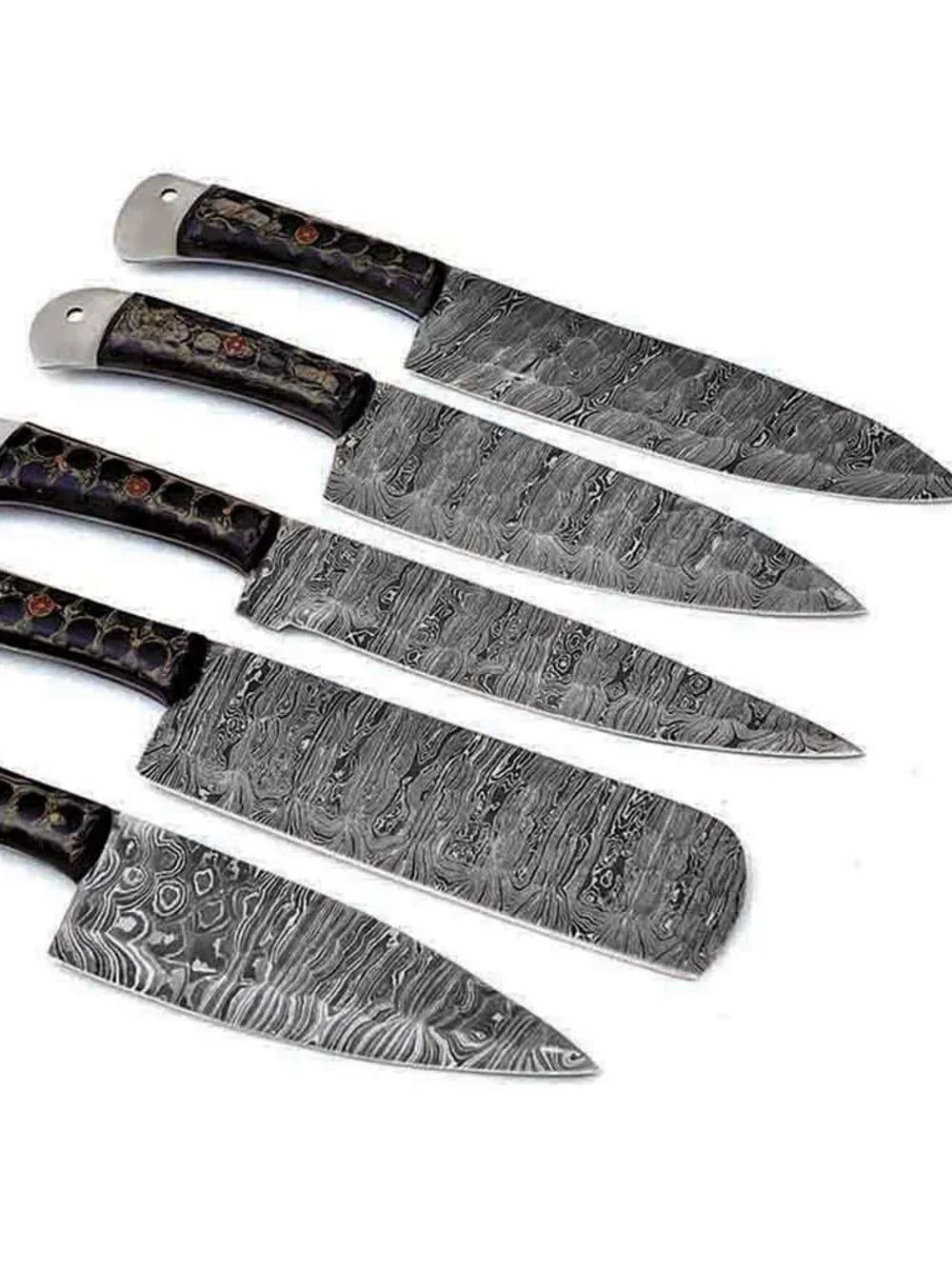 Damascus Kitchen Knife Set 5PC Blue Resin Handle Chef Knives